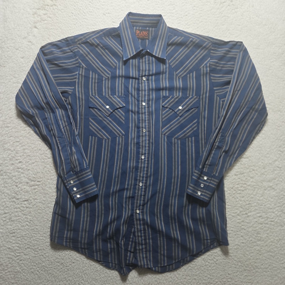 Vintage Plains Mens Medium Pearl Snap Western Shirt Striped Long Sleeve - Picture 1 of 6
